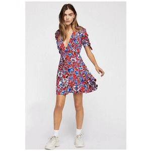 Free People Red Glow Up Mini Dress Floral Red Blue V-neck Size 10 V15